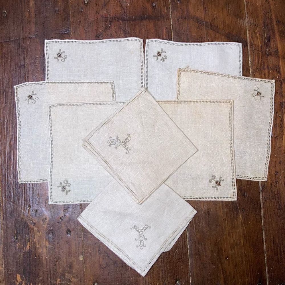 Vintage Handmade Napkin & Coaster Set, Eyelet Detail with Accented Stitching